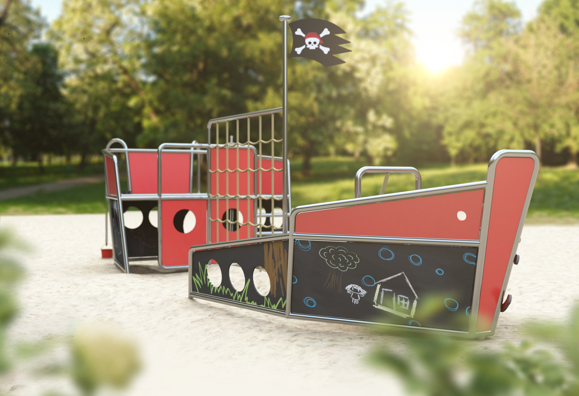 A pirate ship made of stainless steel tubing with CNC contoured panels for a playground in Cologne designed by formlos.com