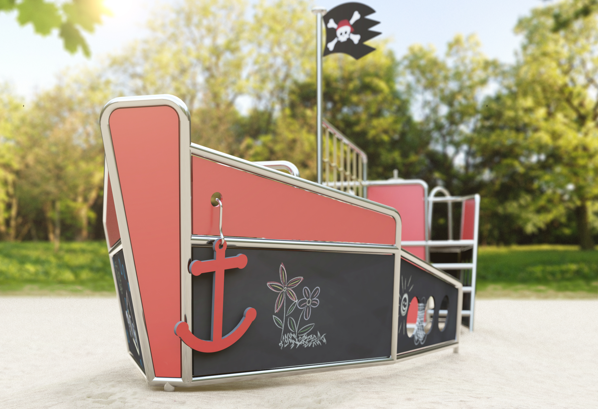A pirate ship made of stainless steel tubing with CNC contoured panels for a playground in Cologne designed by formlos.com