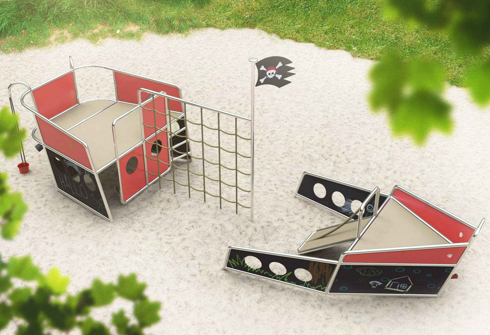 A pirate ship made of stainless steel tubing with CNC contoured panels for a playground in Cologne designed by formlos.com