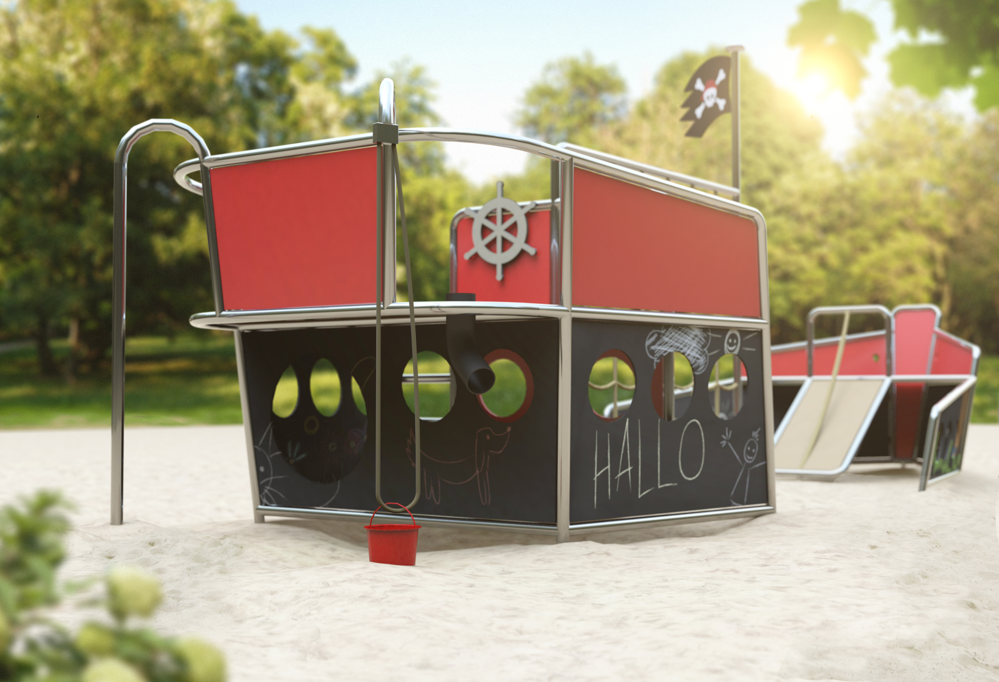 A pirate ship made of stainless steel tubing with CNC contoured panels for a playground in Cologne designed by formlos.com